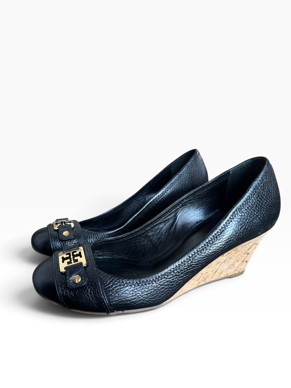 Tory Burch Natalya Black Pebbled Leather Cork Wedge size 10